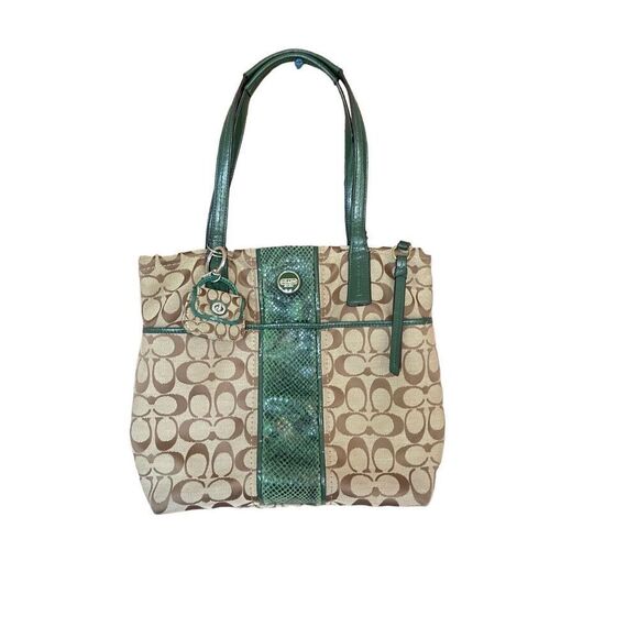 Coach Womens Khaki & Green Double Handle Signature Stripe Python Tote Bag - Picture 3 of 8